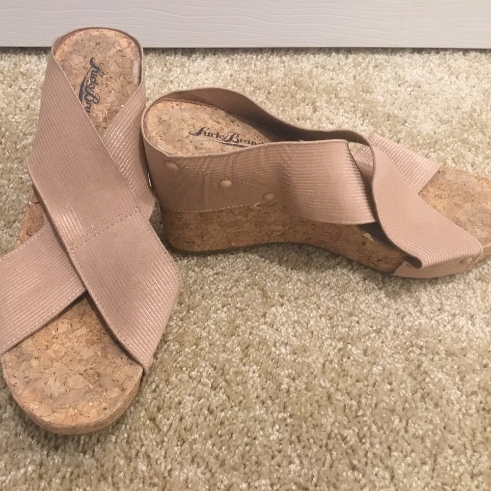 COPY - Lucky Brand Wedges  Sz 8.5M Very Good Condition Gold Pink Straps Great W…